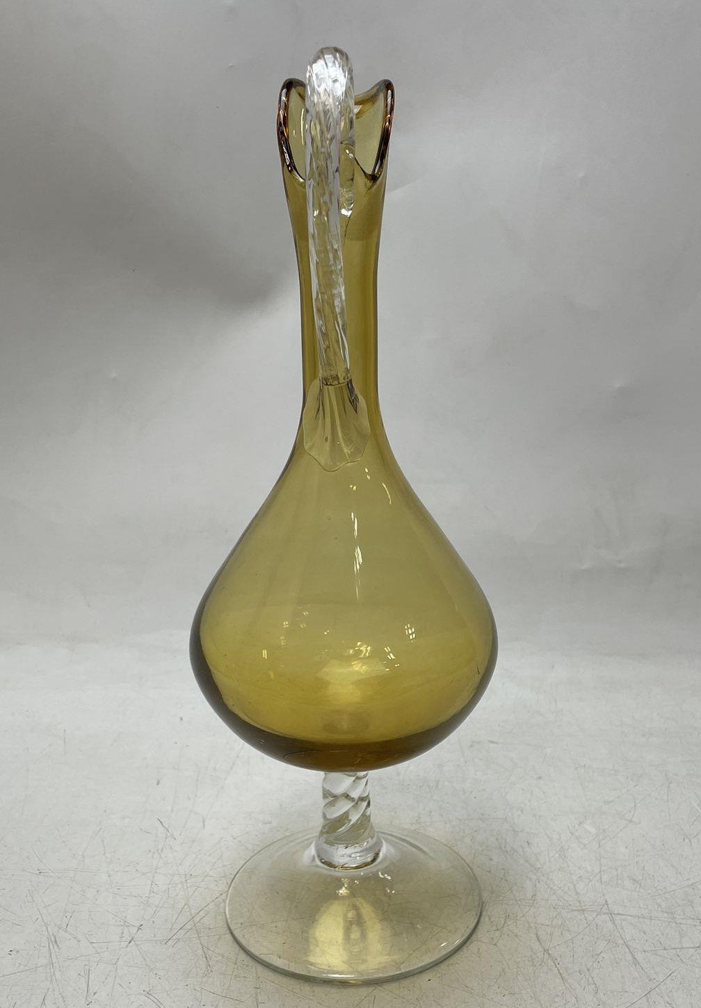 Vintage Amber Glass Decanter Pitcher with Twisted Clear Handle