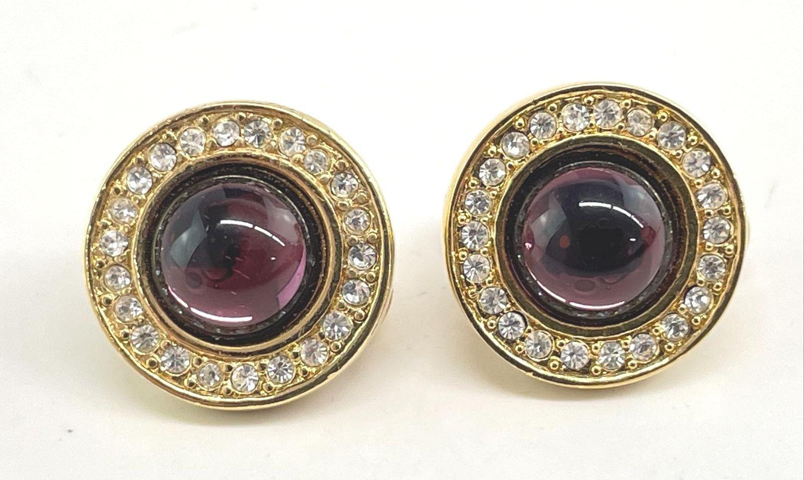 Vintage Monet Gold-Tone Purple & Clear Stone Clip-On Earrings