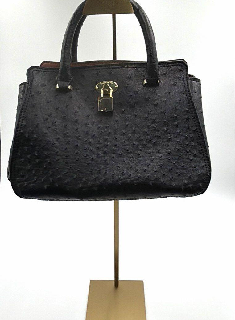 London Fog Black Faux Ostrich Satchel Handbag with Padlock