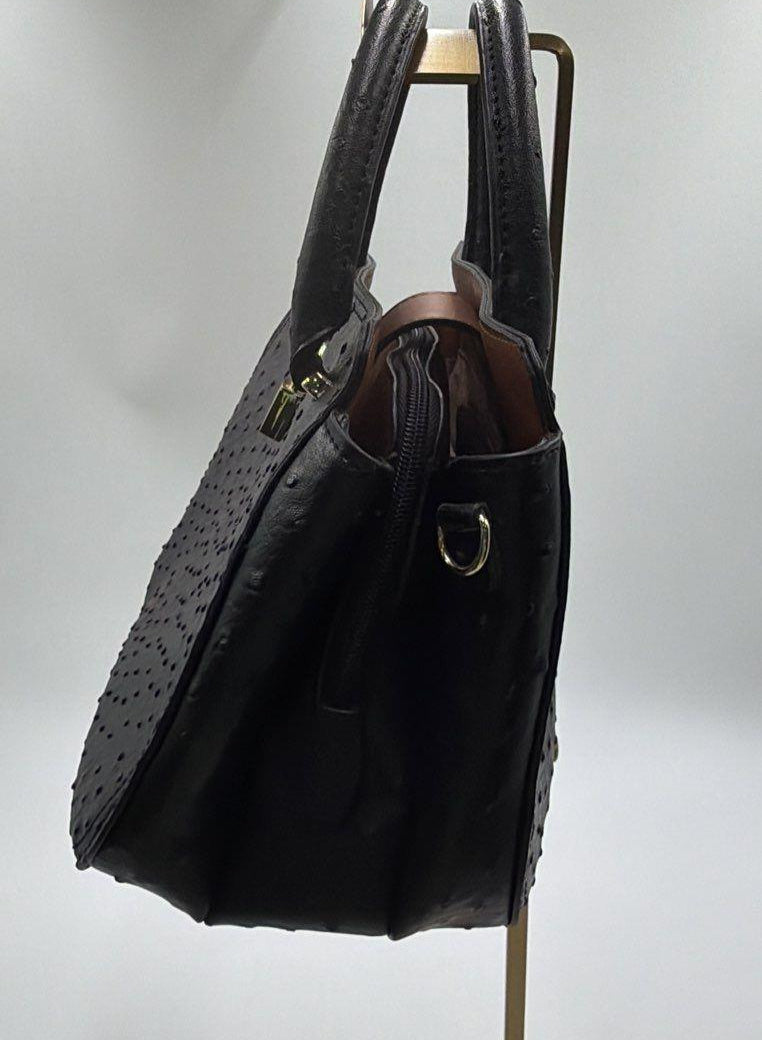 London Fog Black Faux Ostrich Satchel Handbag with Padlock
