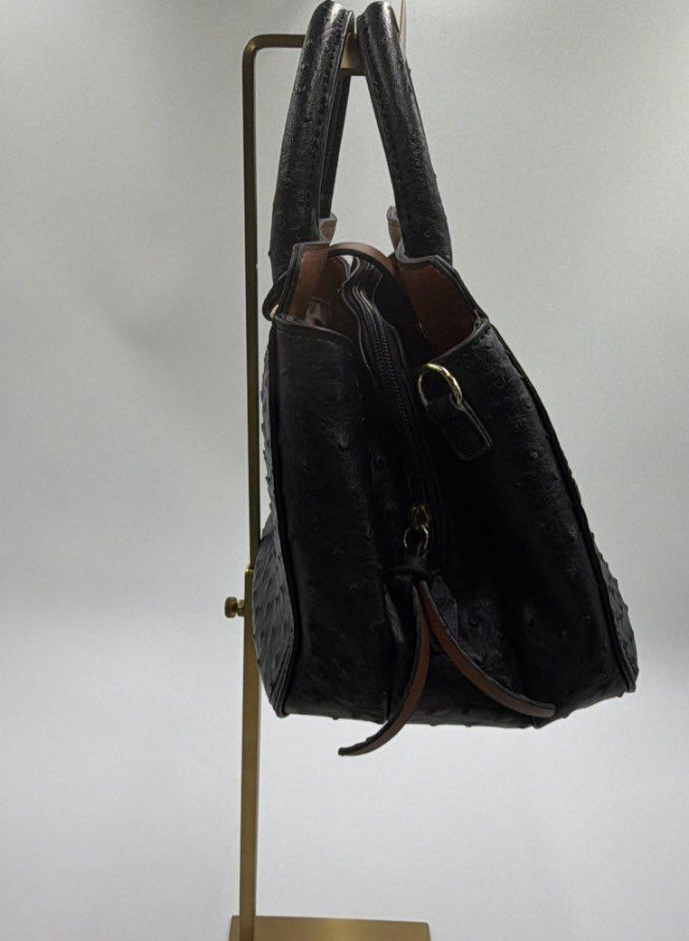 London Fog Black Faux Ostrich Satchel Handbag with Padlock