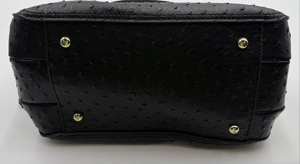 London Fog Black Faux Ostrich Satchel Handbag with Padlock