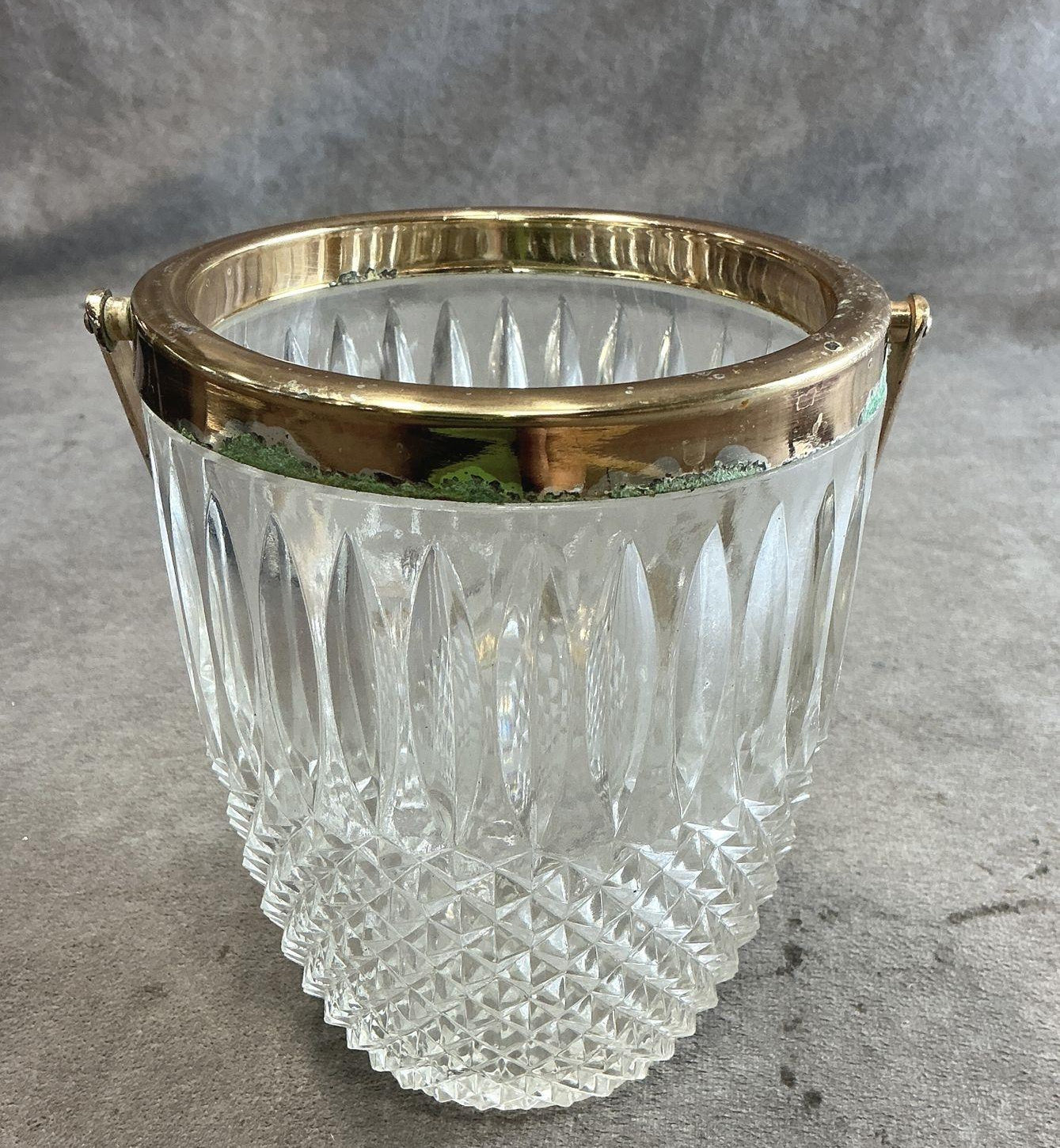 Diamond Point Pressed Glass Ice Bucket with Brass Rim