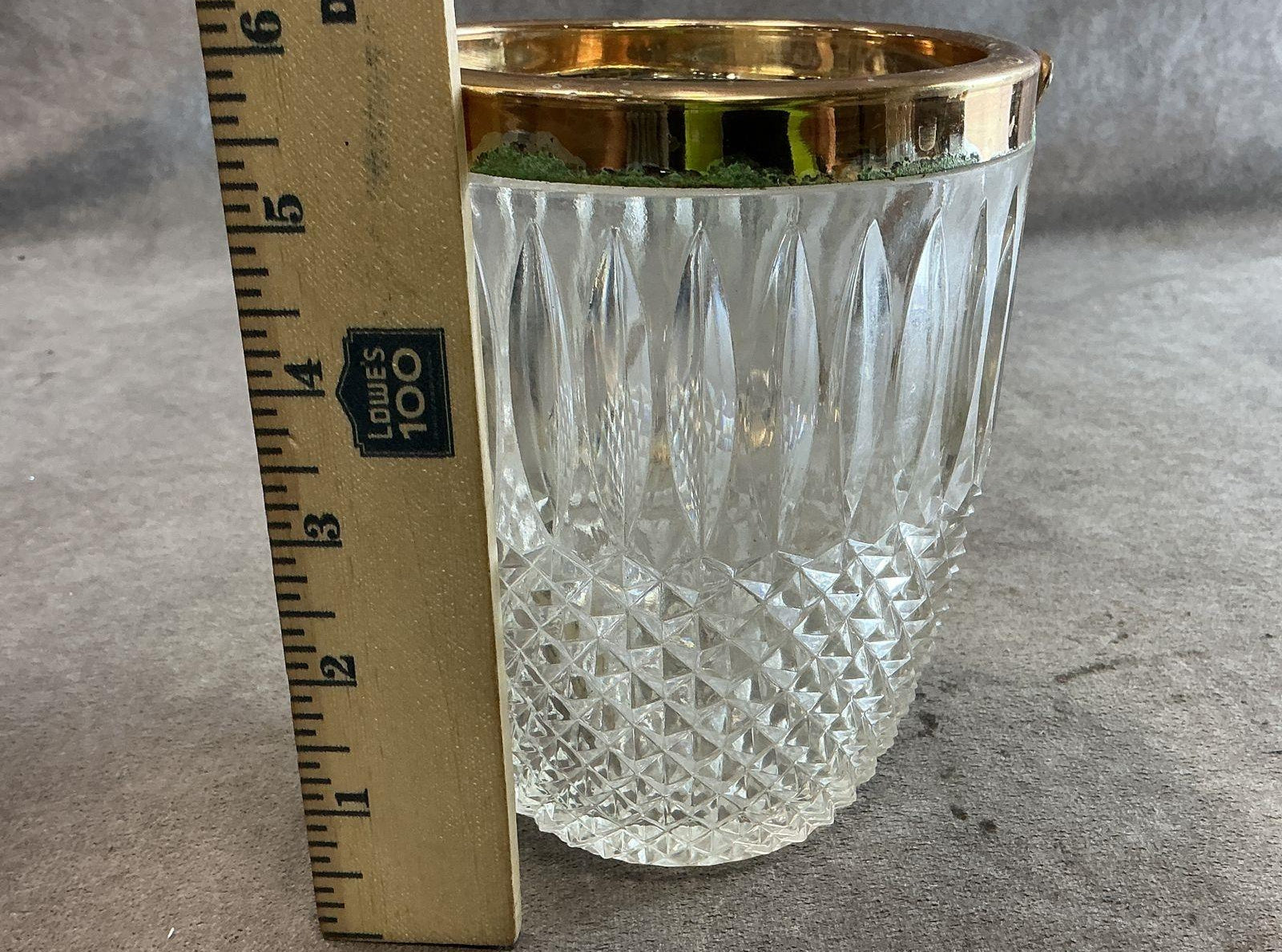 Diamond Point Pressed Glass Ice Bucket with Brass Rim