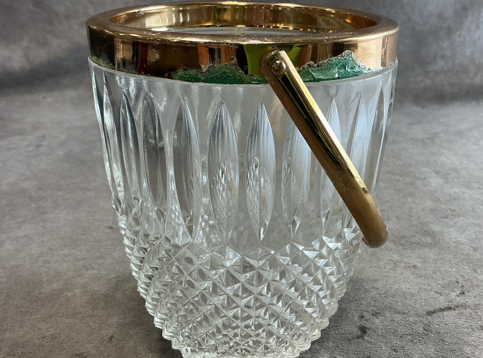 Diamond Point Pressed Glass Ice Bucket with Brass Rim