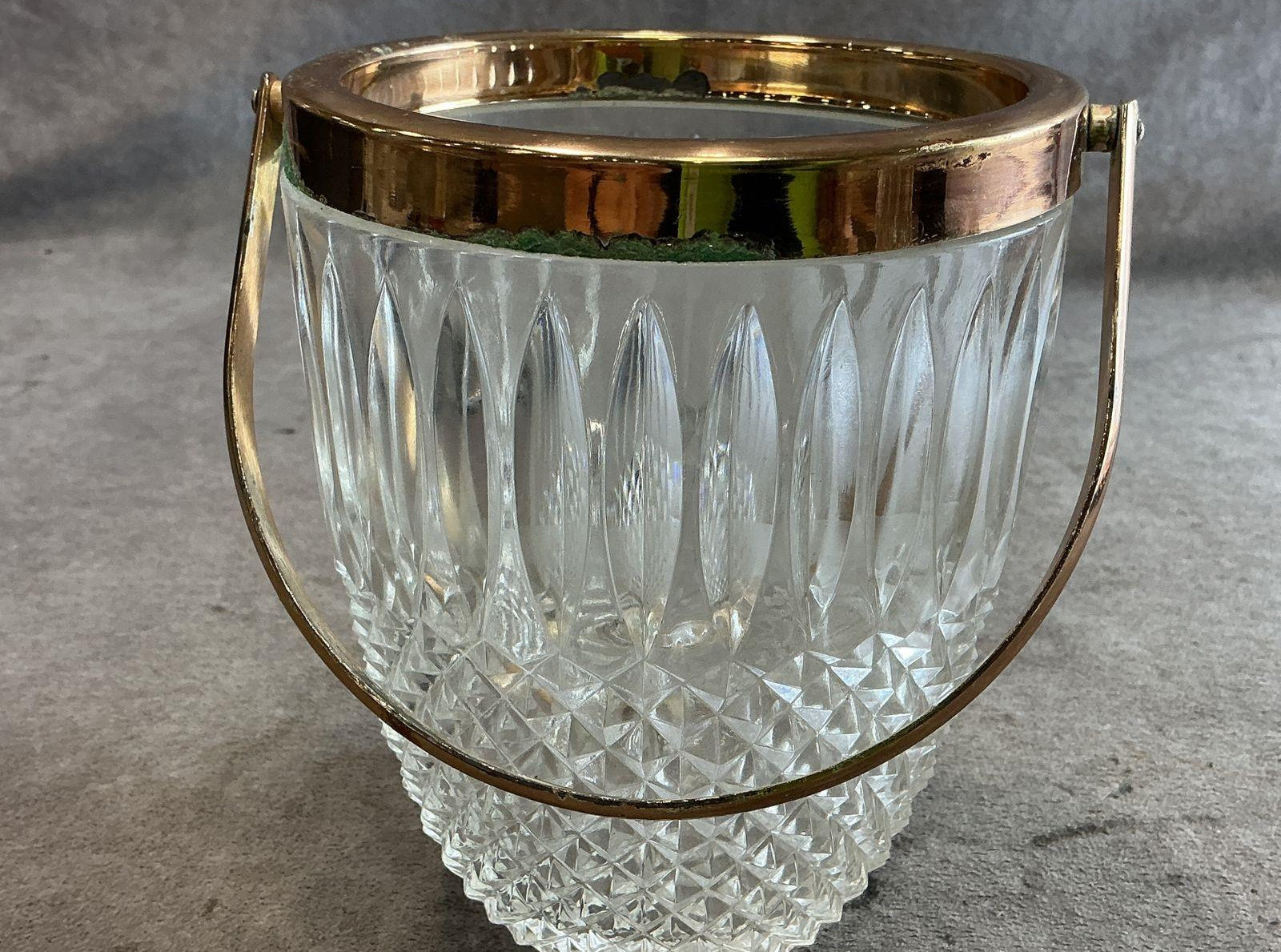 Diamond Point Pressed Glass Ice Bucket with Brass Rim