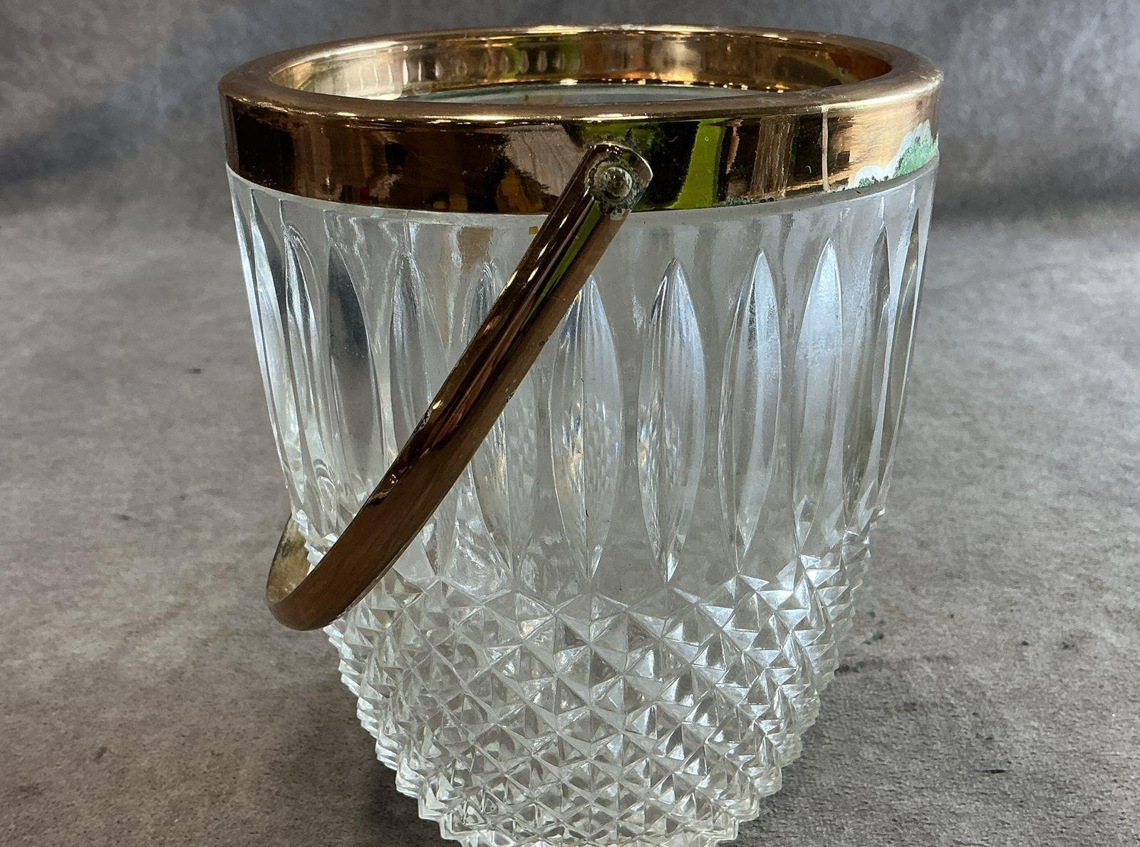Diamond Point Pressed Glass Ice Bucket with Brass Rim