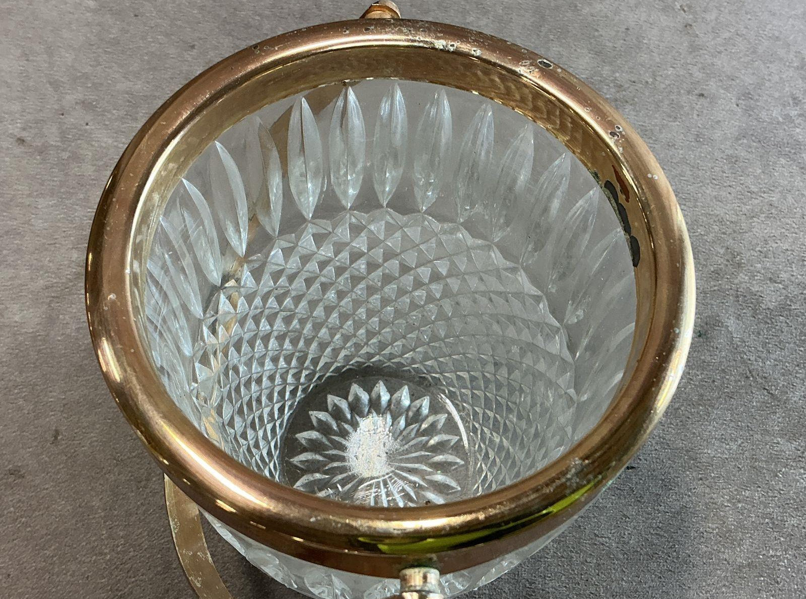 Diamond Point Pressed Glass Ice Bucket with Brass Rim