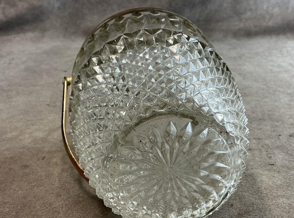 Diamond Point Pressed Glass Ice Bucket with Brass Rim