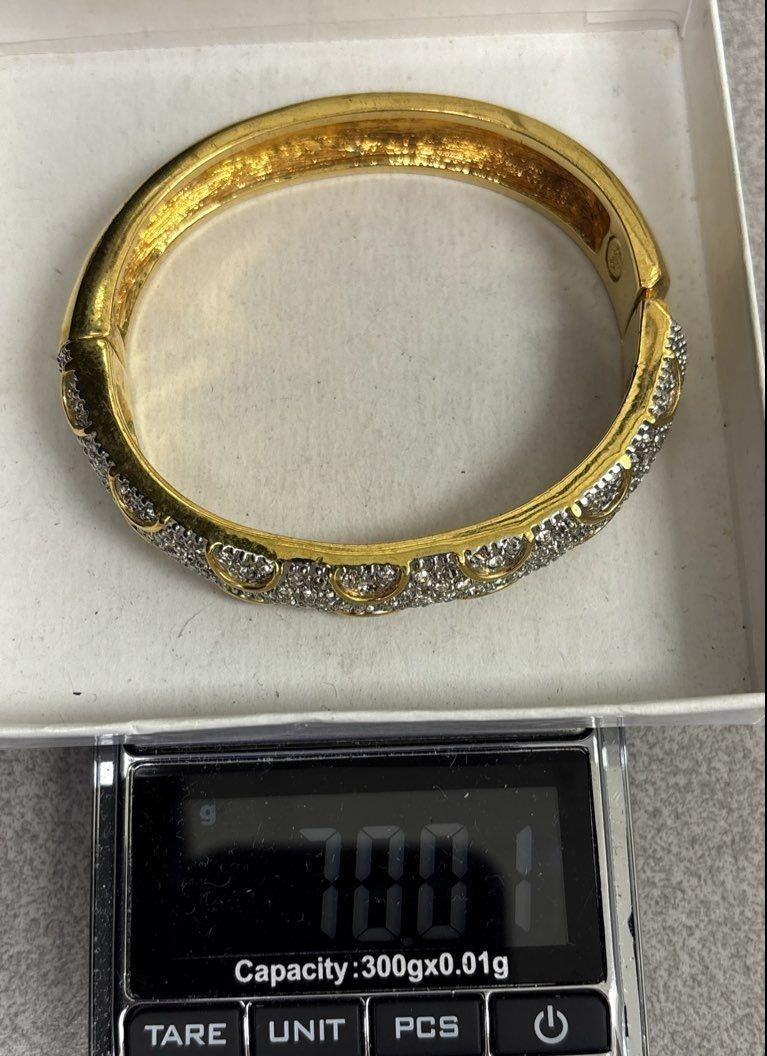Premier Designs Gold Tone Clear Faceted Pave Hinged Bangle Bracelet 12.5mm