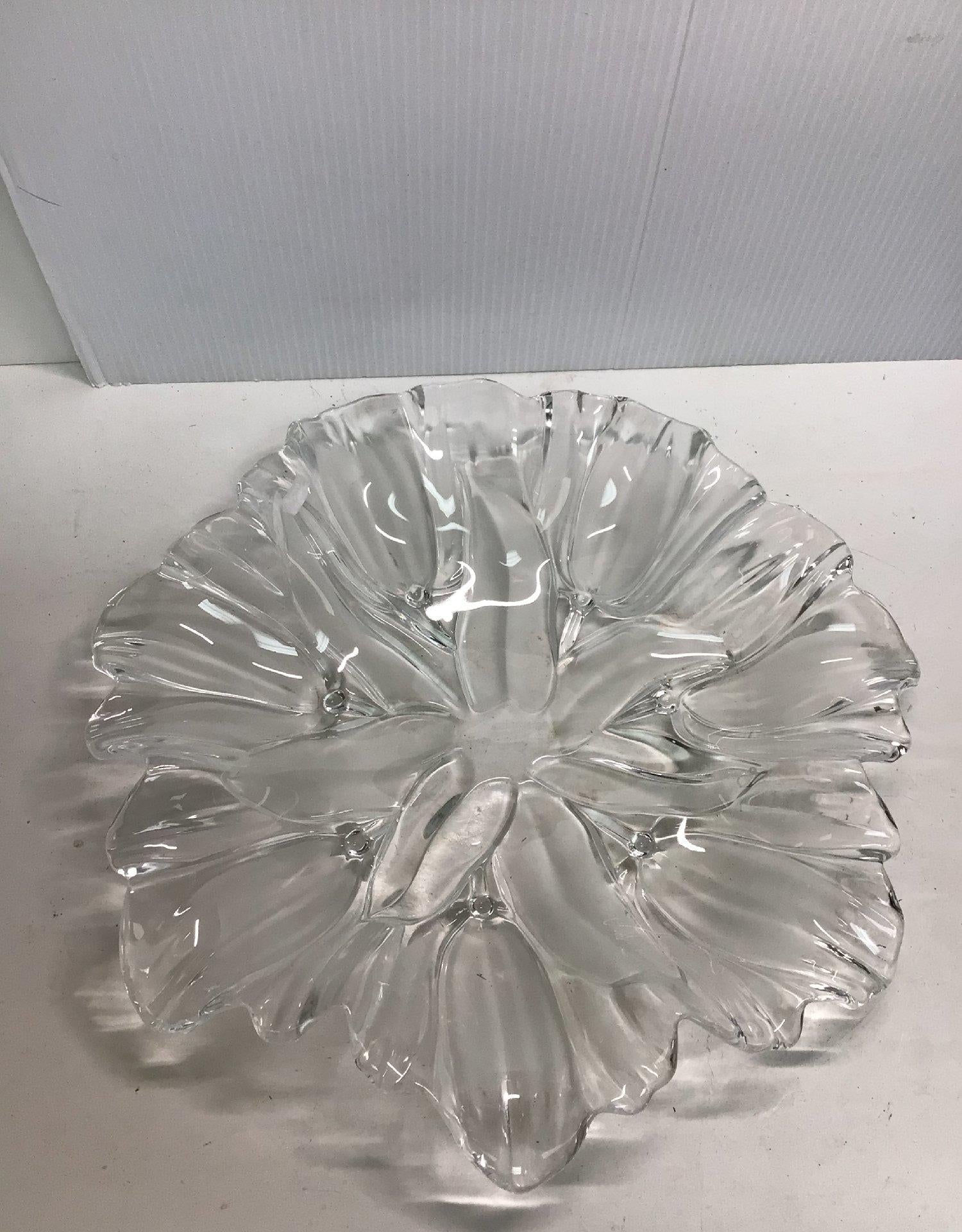 Clear Glass Crystal Flower-Shaped Serving Bowl or Platter
