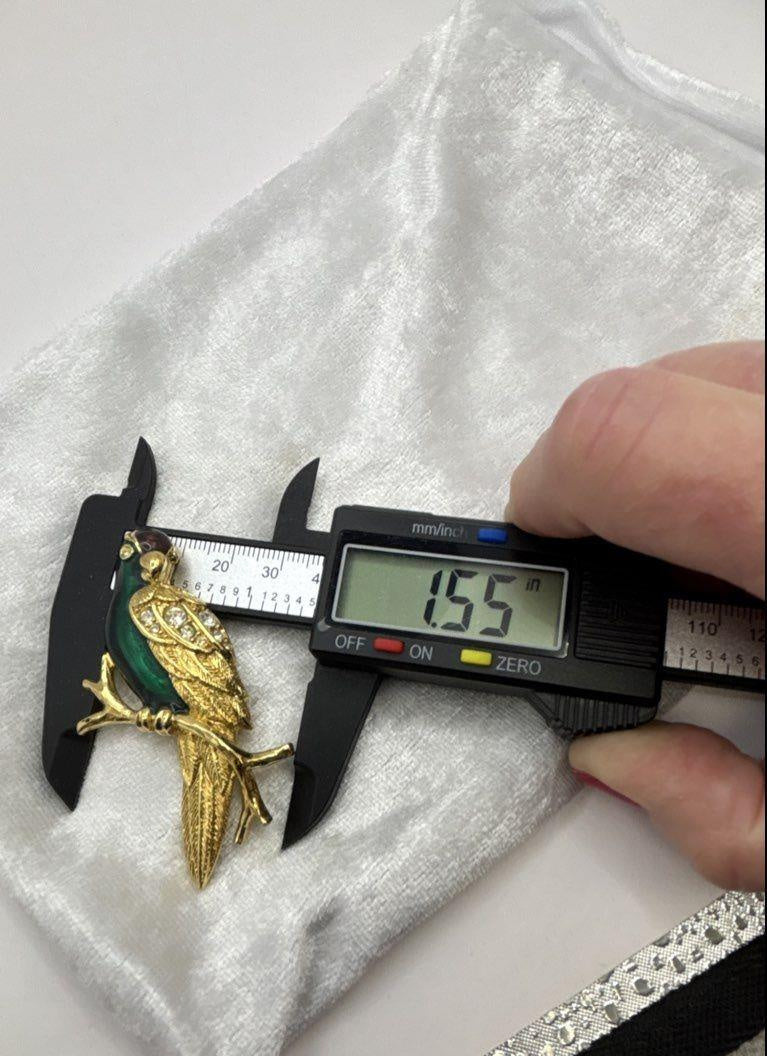 Vintage Avon Gold Tone Green Enamel Parrot Bird Brooch Rhinestone Pin 2.5"