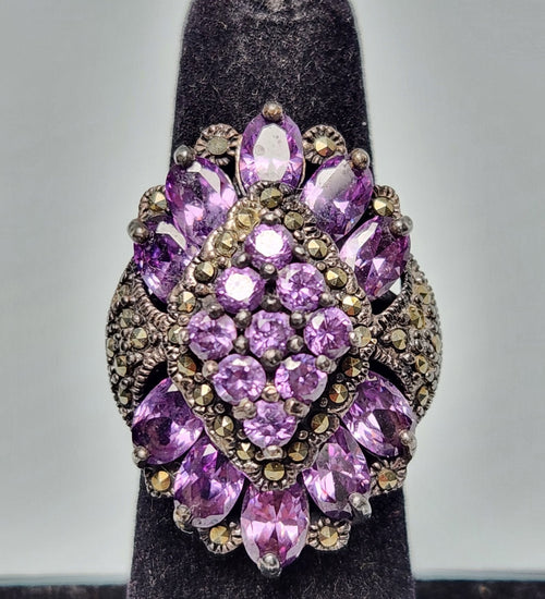 925 Sterling Silver Purple Stone & Marcasite Cocktail Ring Sz 5.5 — 12.9g