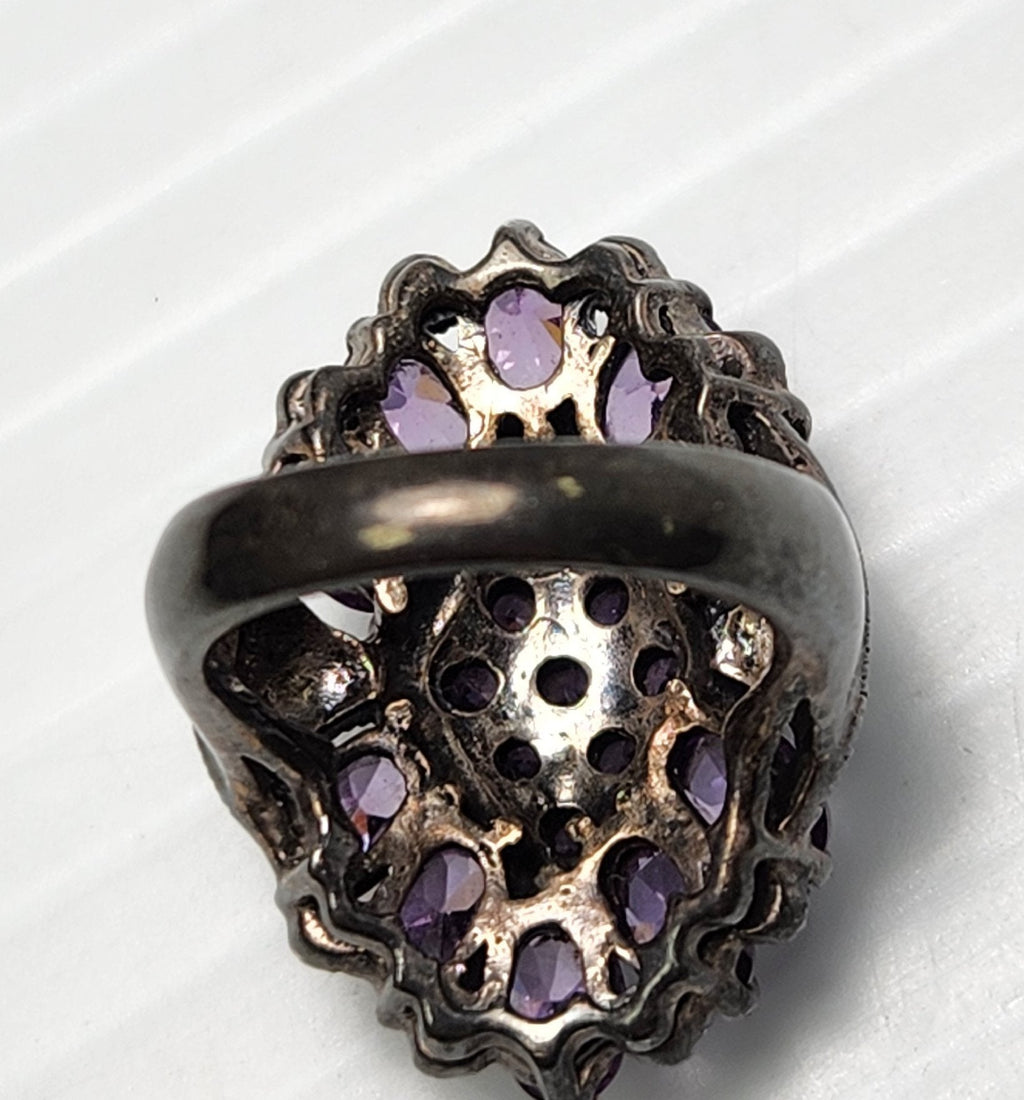 925 Sterling Silver Purple Stone & Marcasite Cocktail Ring Sz 5.5 — 12.9g