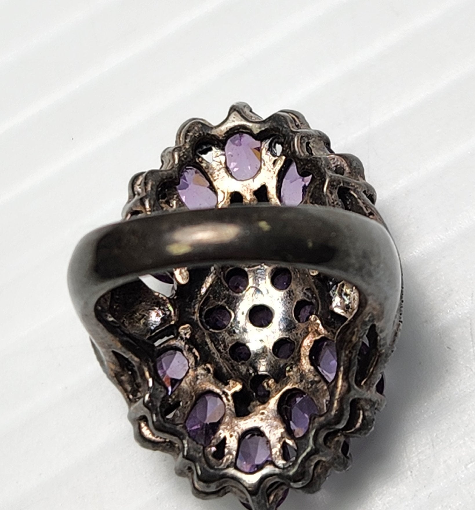 925 Sterling Silver Purple Stone & Marcasite Cocktail Ring Sz 5.5 — 12.9g