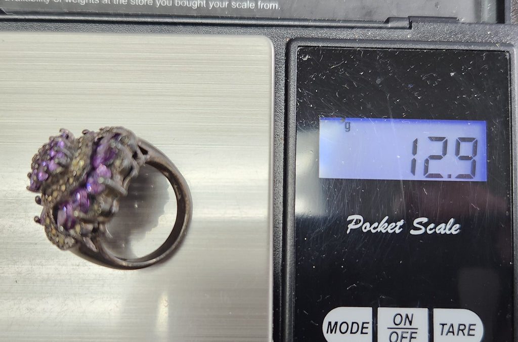 925 Sterling Silver Purple Stone & Marcasite Cocktail Ring Sz 5.5 — 12.9g