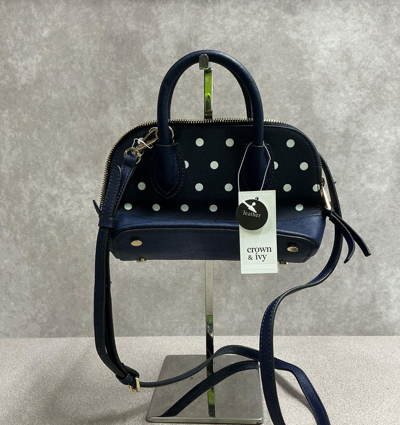 Crown & Ivy Navy Blue White Polka Dot Leather Satchel Crossbody Bag