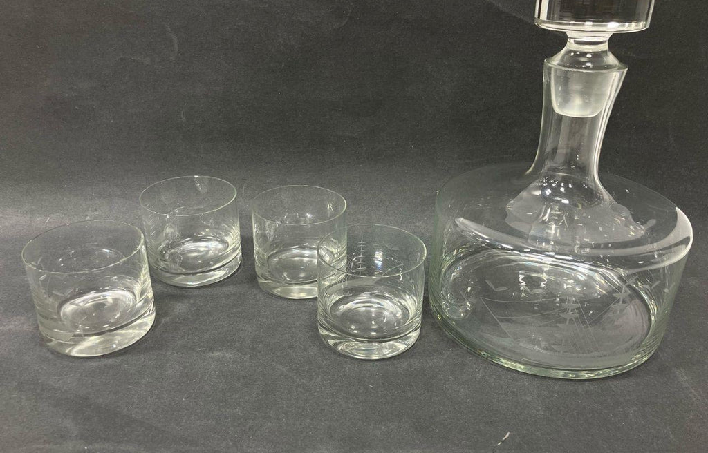 Clear Etched Ship Decanter Set Four Glasses Nautical Barware Glass