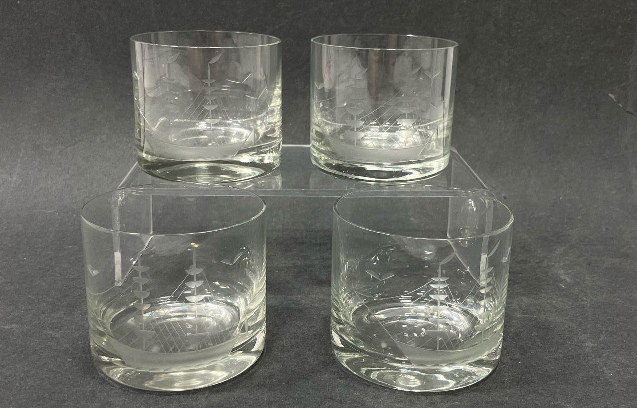 Clear Etched Ship Decanter Set Four Glasses Nautical Barware Glass