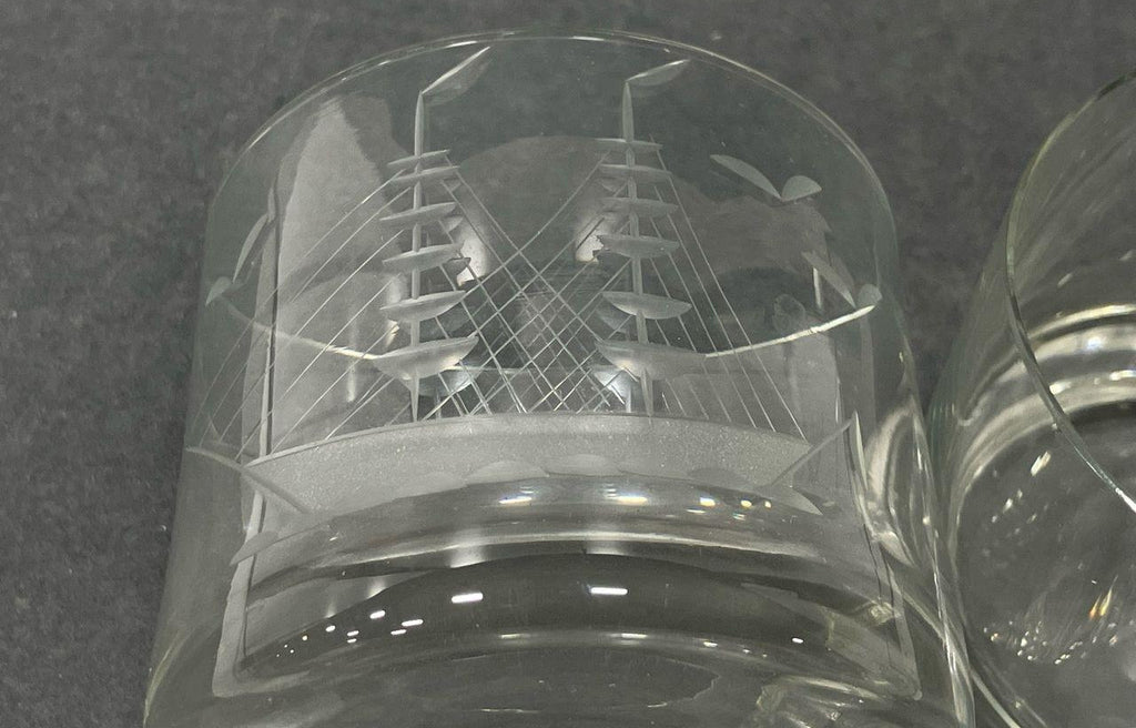 Clear Etched Ship Decanter Set Four Glasses Nautical Barware Glass