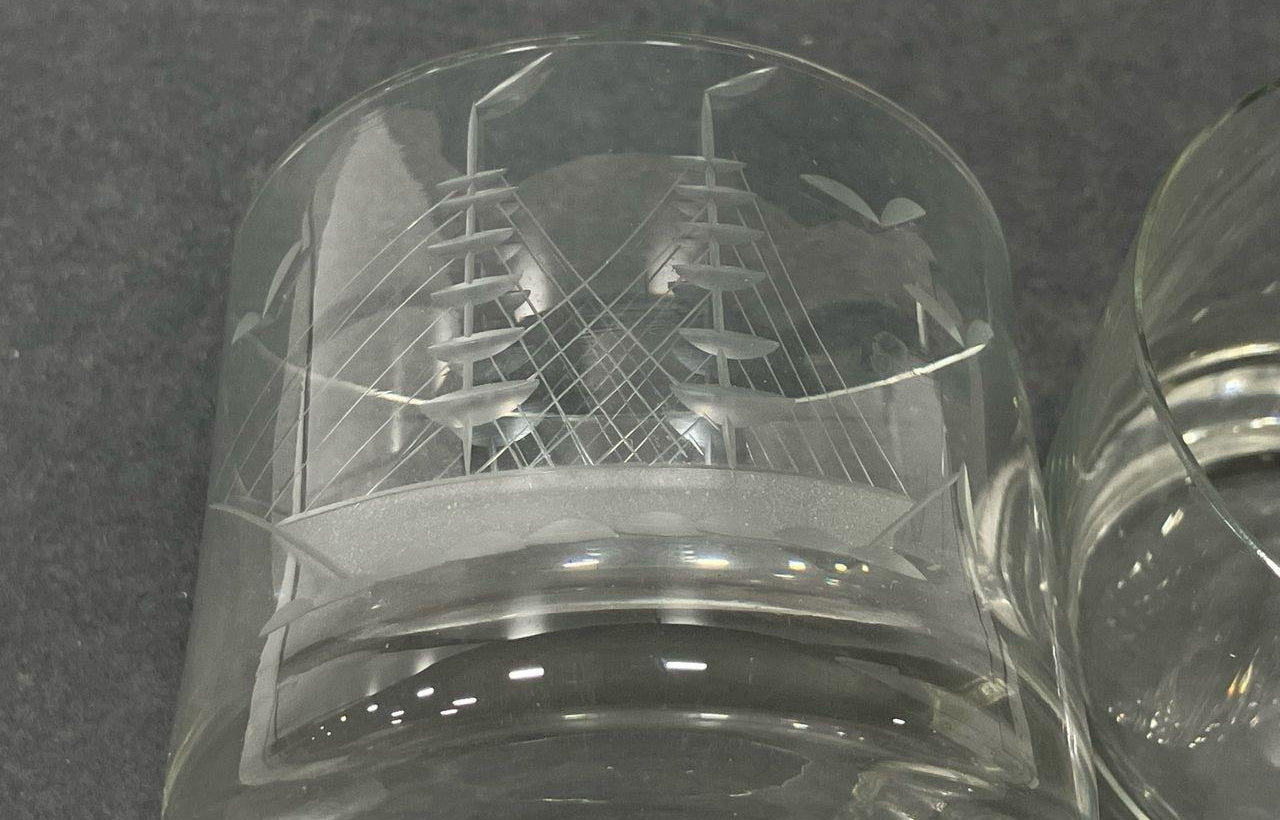 Clear Etched Ship Decanter Set Four Glasses Nautical Barware Glass