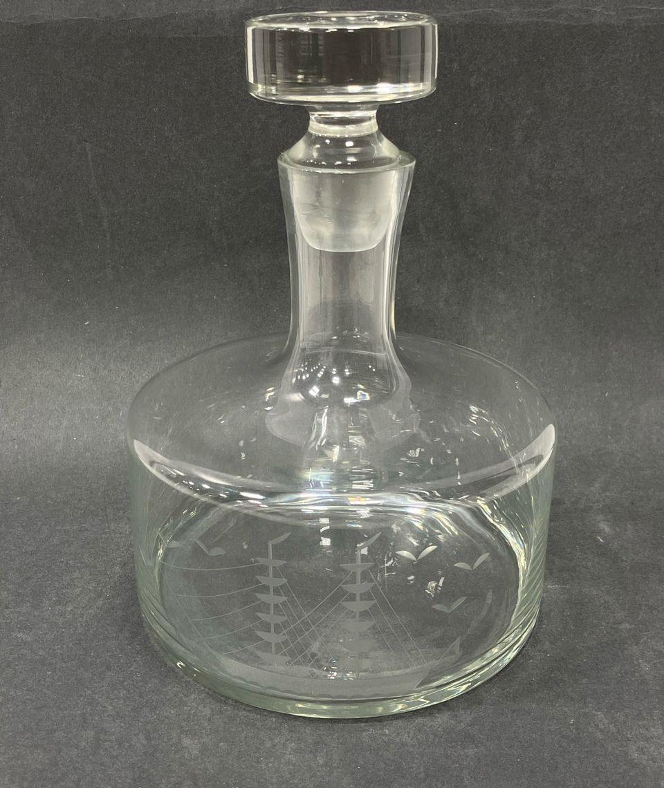 Clear Etched Ship Decanter Set Four Glasses Nautical Barware Glass