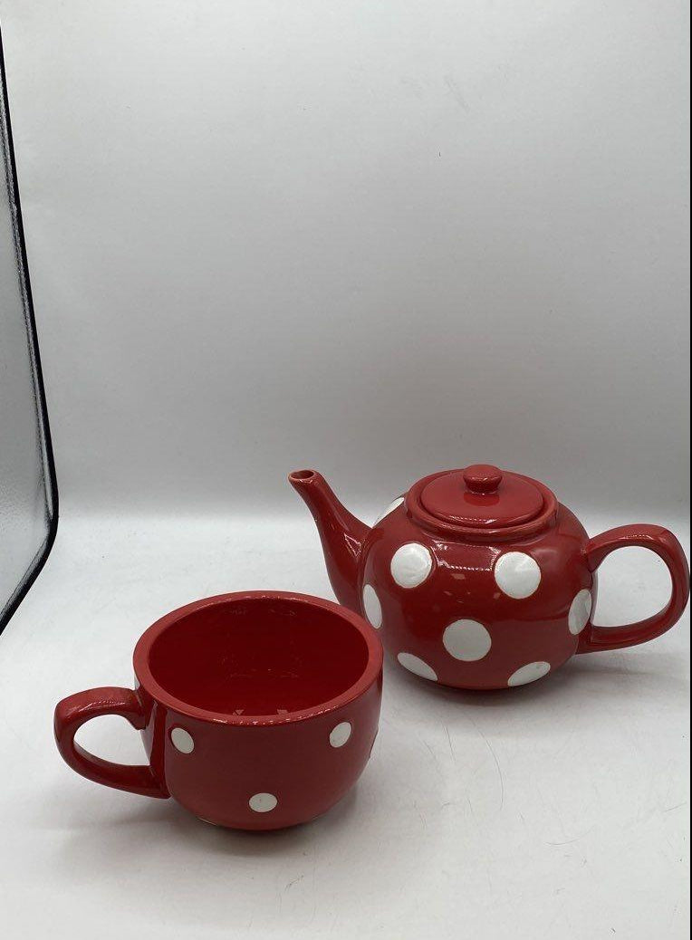 Mad Dot Company Terramoto Red Polka Dot Ceramic Teapot & Cup Set