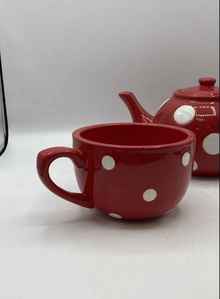 Mad Dot Company Terramoto Red Polka Dot Ceramic Teapot & Cup Set