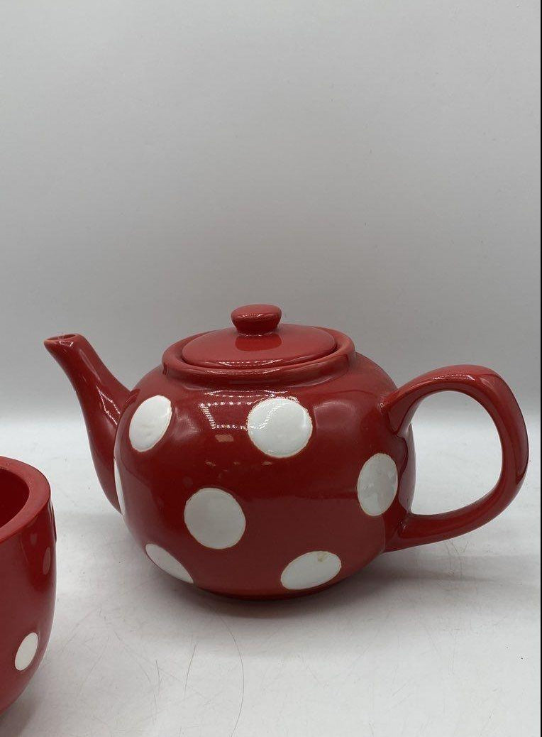 Mad Dot Company Terramoto Red Polka Dot Ceramic Teapot & Cup Set
