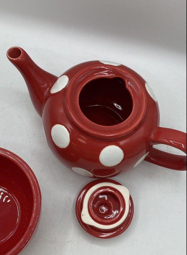 Mad Dot Company Terramoto Red Polka Dot Ceramic Teapot & Cup Set