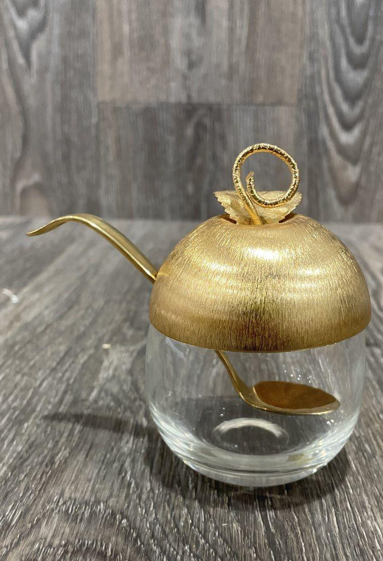Vintage Napier Apple Glass Sugar Bowl or Jam Jar with Lid & Spoon