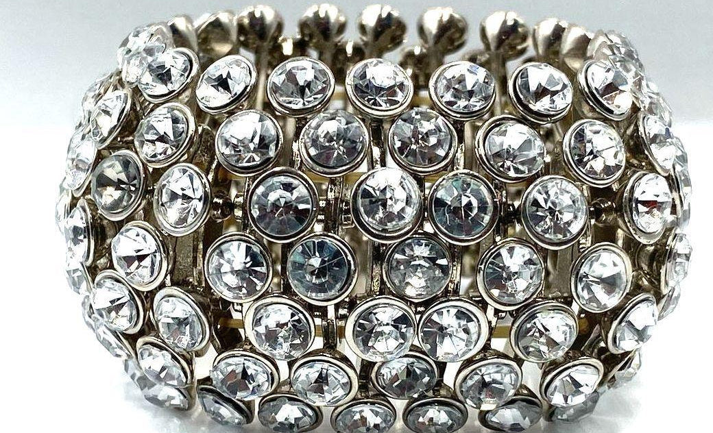 Vintage Fashion Silver Tone MM Statement Bangle Bracelet Bezel Cluster Elastic