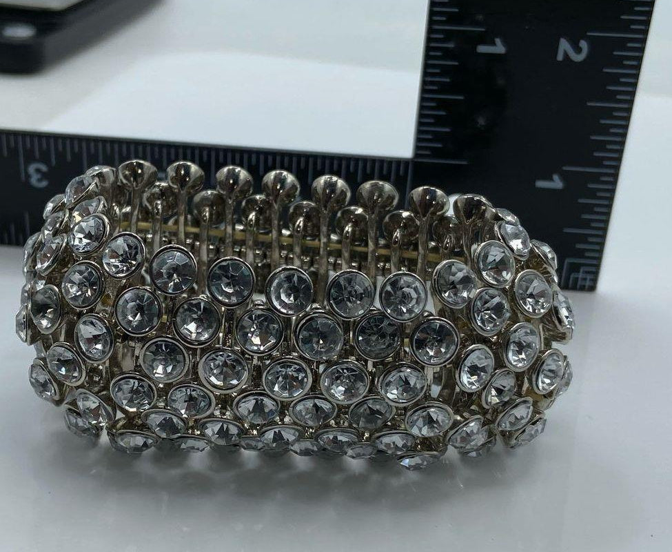 Vintage Fashion Silver Tone MM Statement Bangle Bracelet Bezel Cluster Elastic