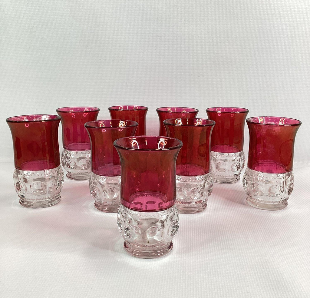 Pressed Glass Ruby Red Clear Thumbprint Pattern Juice Glasses Set 9 Vintage 4In