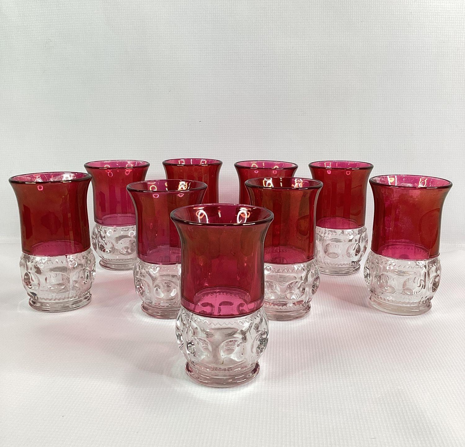Pressed Glass Ruby Red Clear Thumbprint Pattern Juice Glasses Set 9 Vintage 4In