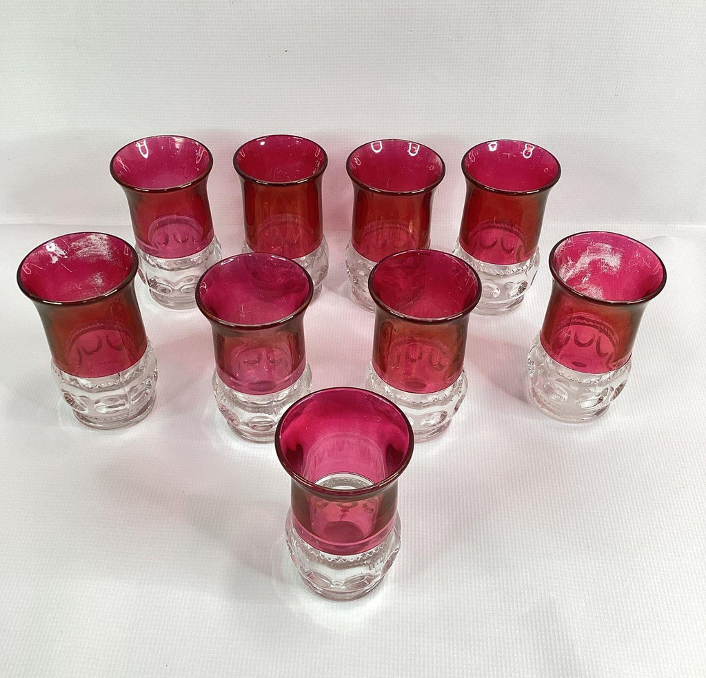 Pressed Glass Ruby Red Clear Thumbprint Pattern Juice Glasses Set 9 Vintage 4In