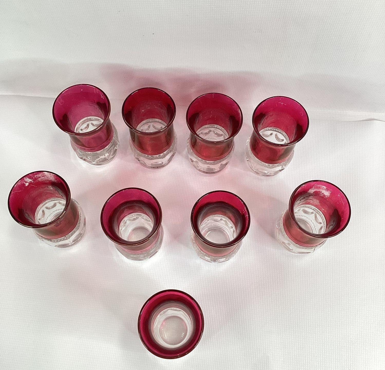 Pressed Glass Ruby Red Clear Thumbprint Pattern Juice Glasses Set 9 Vintage 4In