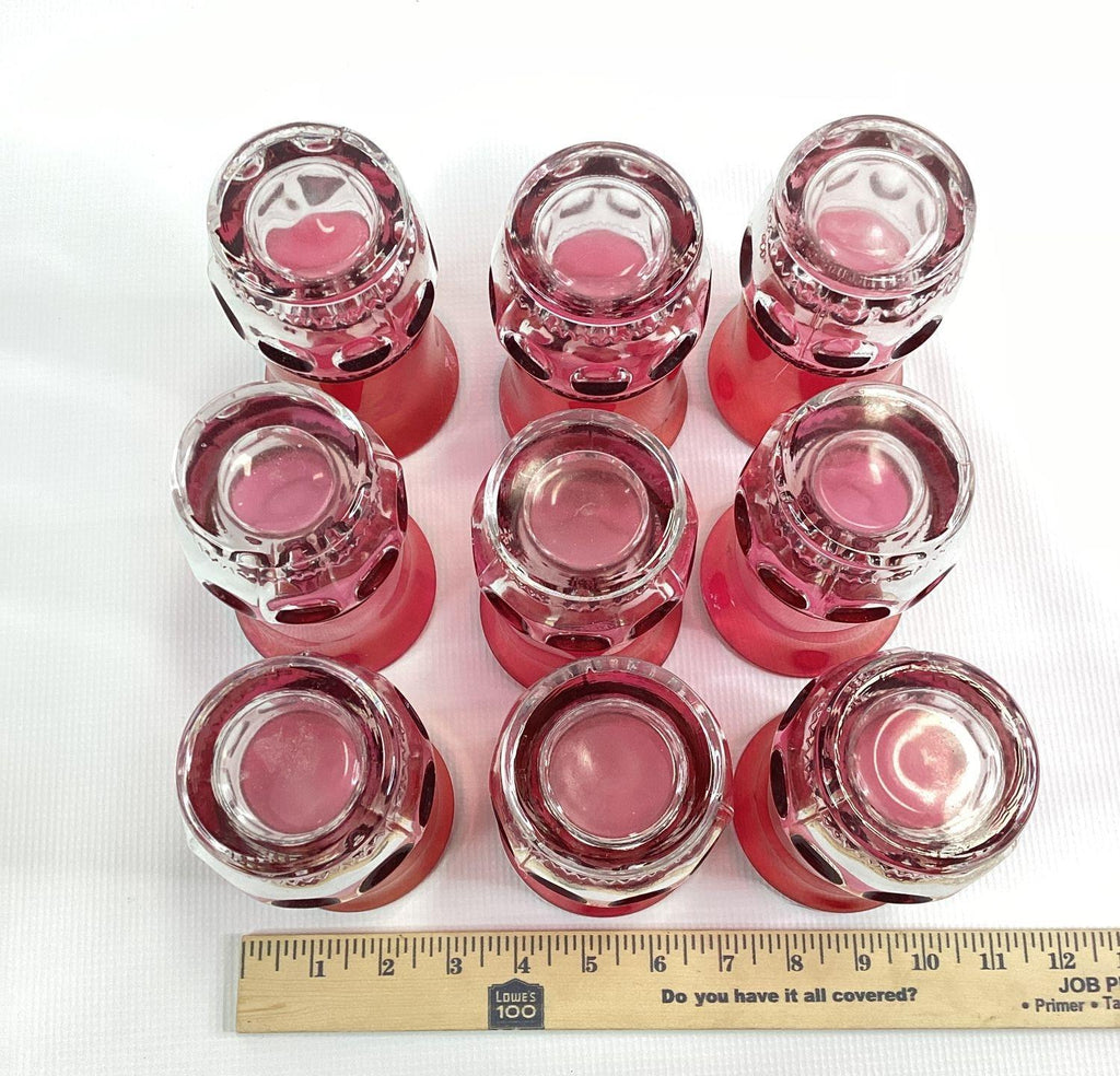 Pressed Glass Ruby Red Clear Thumbprint Pattern Juice Glasses Set 9 Vintage 4In