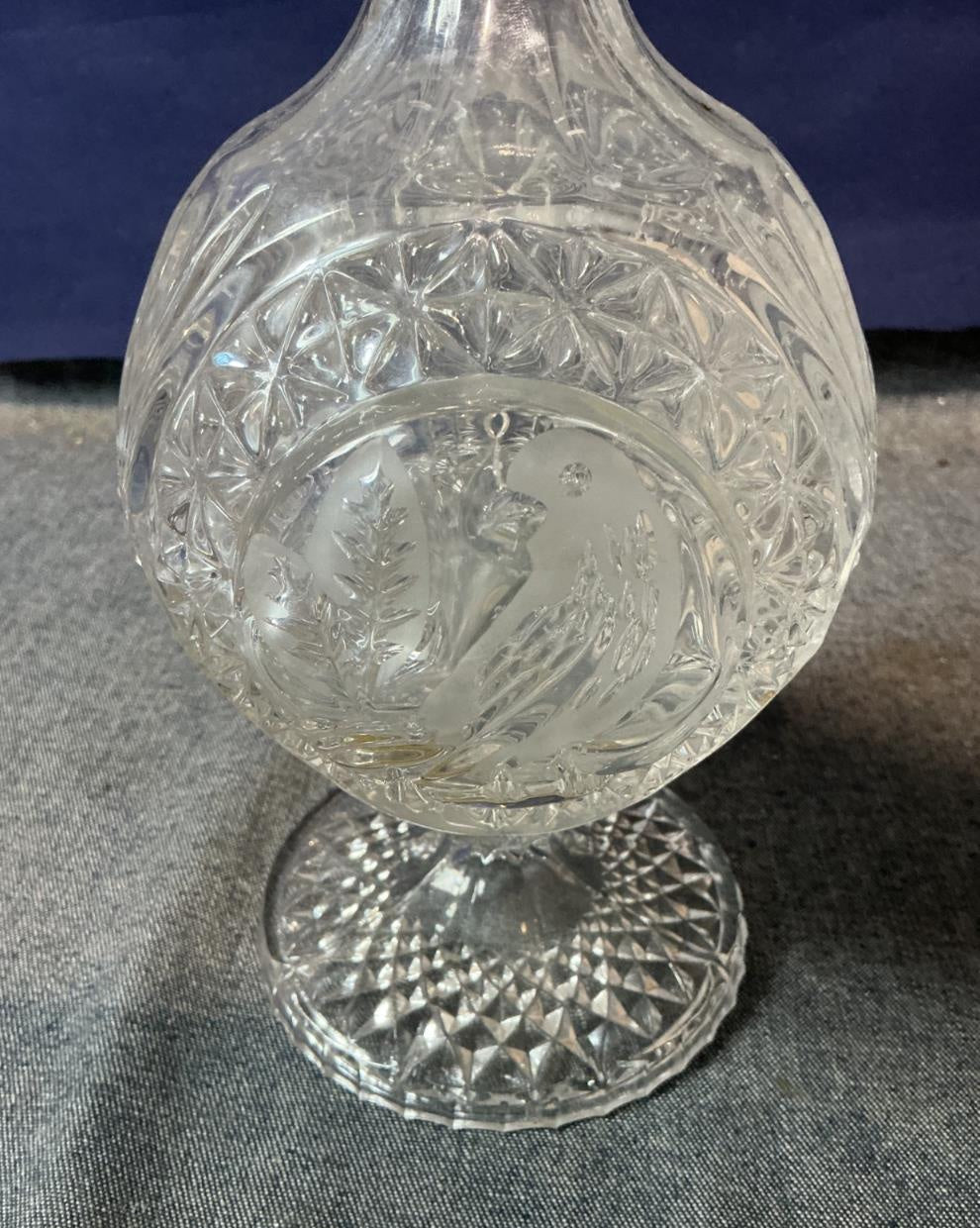 Cut Glass Decanter with Stopper and Bird Motif