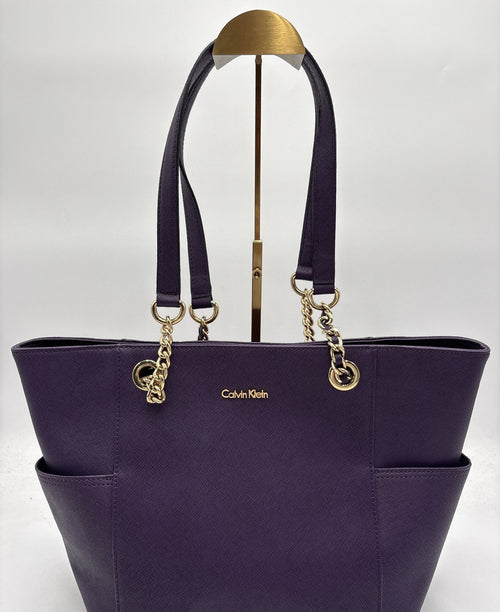 Calvin Klein Purple Saffiano-Texture Chain Strap Tote Handbag