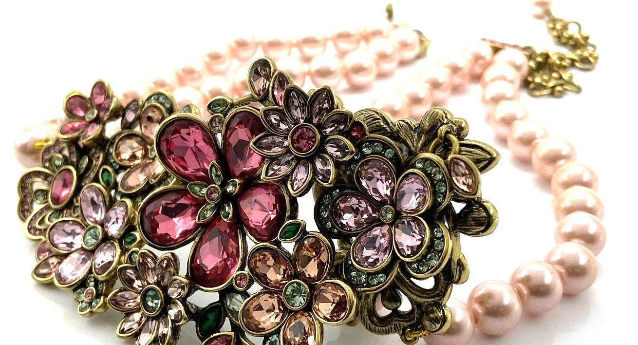 HEIDI DAUS Gold Tone Flower Show Statement Necklace Pink Multicolor approx 19in