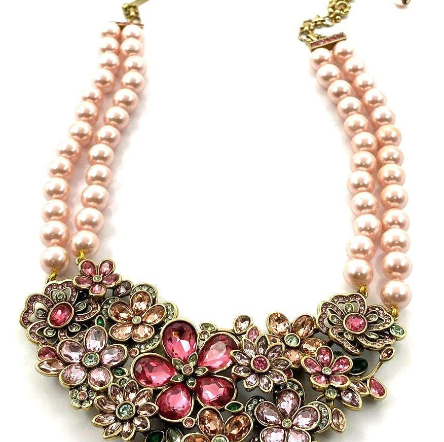 HEIDI DAUS Gold Tone Flower Show Statement Necklace Pink Multicolor approx 19in