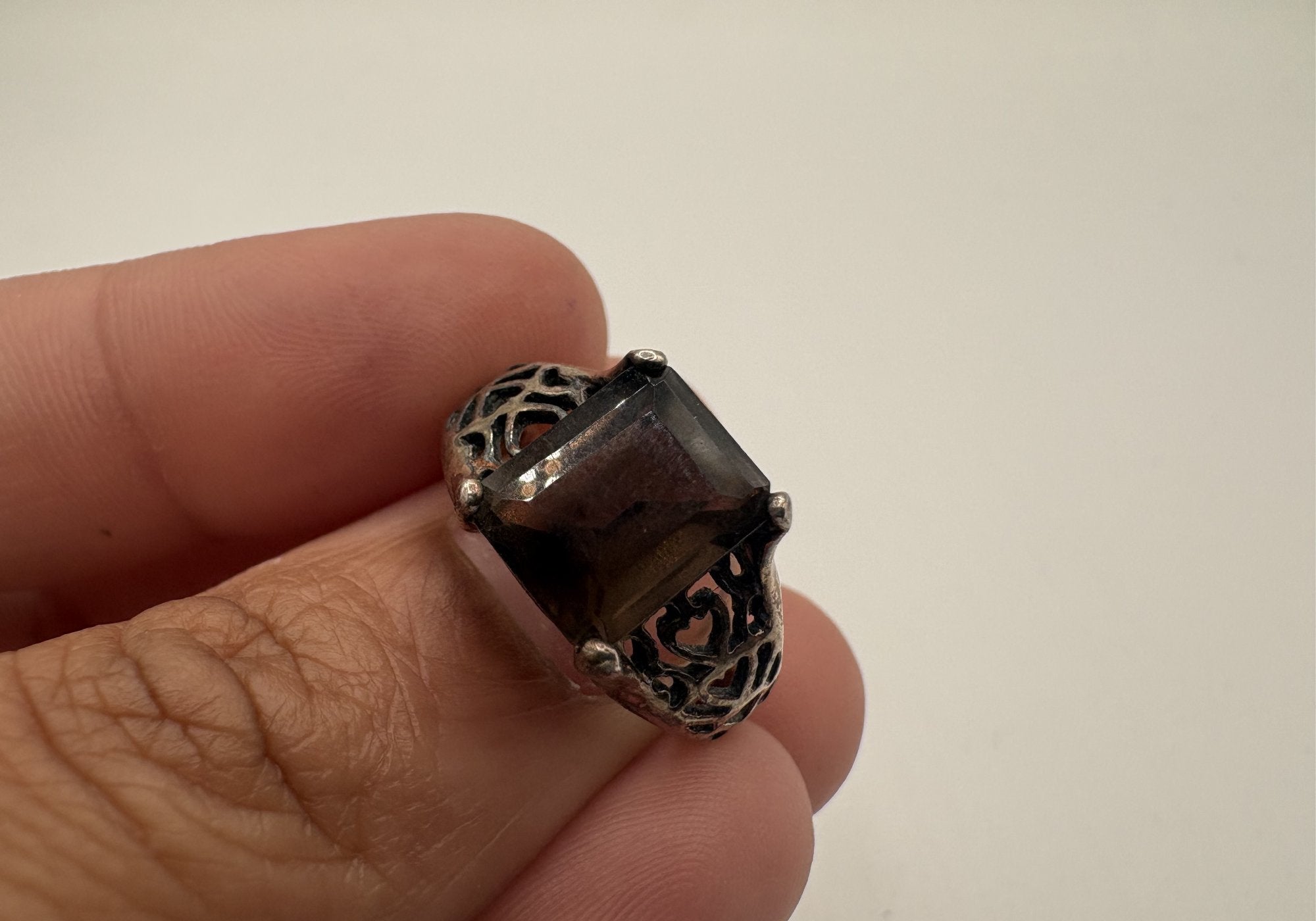 Sterling Silver Smoky Quartz Filigree Ring Size 6.75