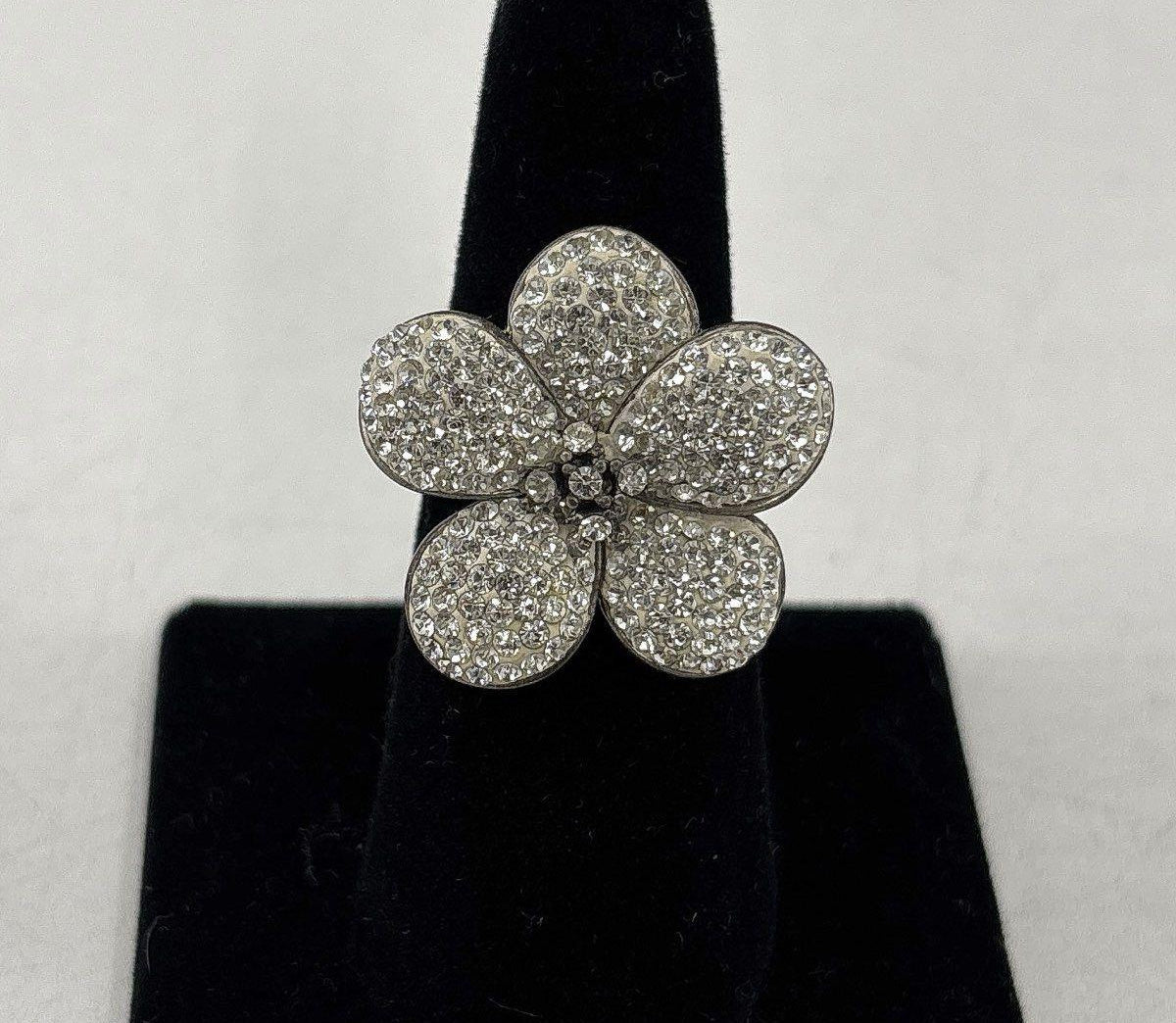 Floral 925 Sterling Silver Statement Rhinestone Ring, Size 7.5
