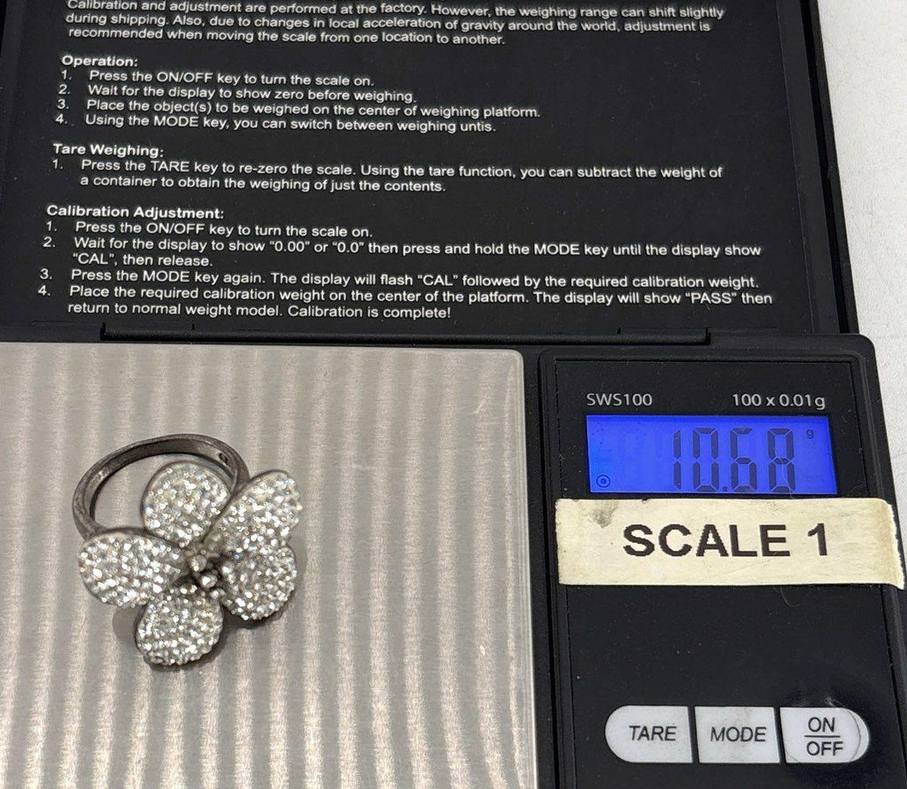 Floral 925 Sterling Silver Statement Rhinestone Ring, Size 7.5