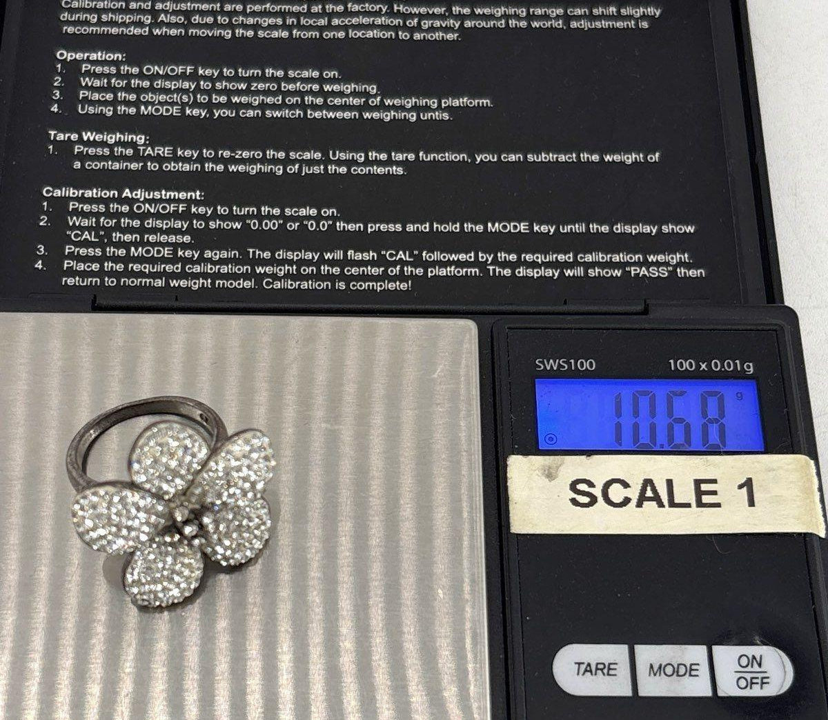 Floral 925 Sterling Silver Statement Rhinestone Ring, Size 7.5