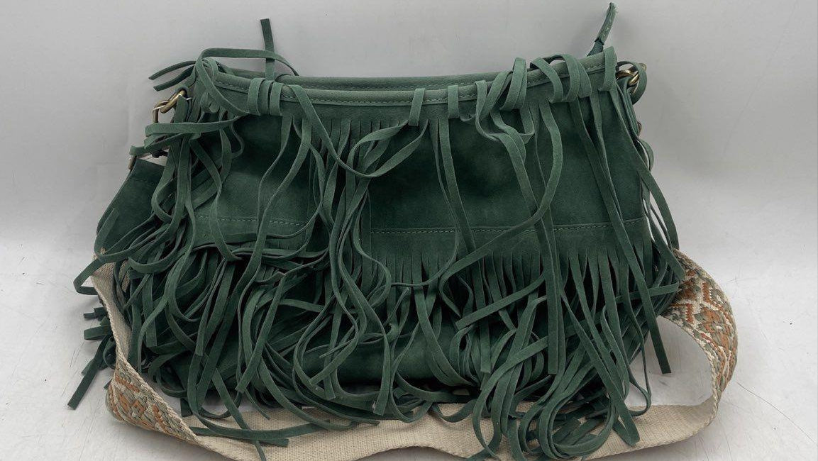 Jen & Co. Green Suede Fringe Shoulder Bag with Woven Strap