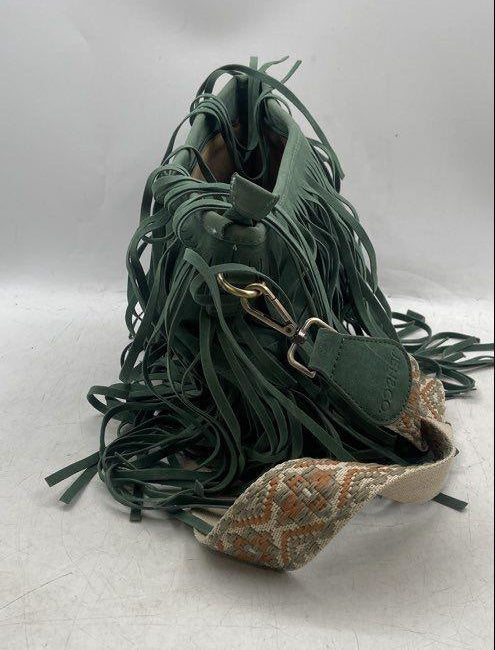 Jen & Co. Green Suede Fringe Shoulder Bag with Woven Strap