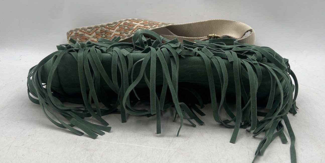Jen & Co. Green Suede Fringe Shoulder Bag with Woven Strap