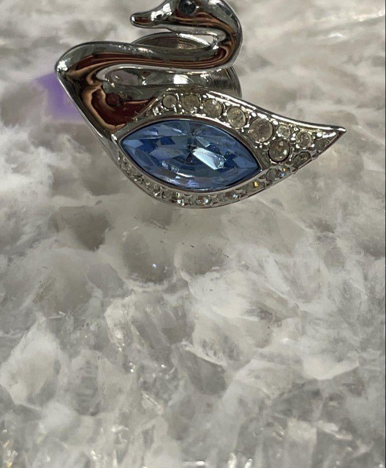 Silver-Tone Blue & Clear Cubic Zirconia Swan Pin Brooch — 0.75" / 4.4g